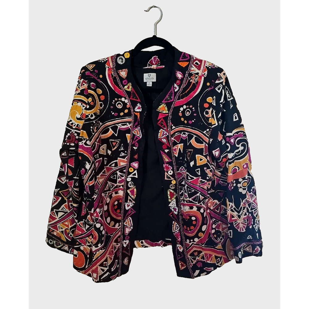 Chico's Black Geometric Print Beaded Sequin Art To Wear Blazer Jacket Womens 2 L